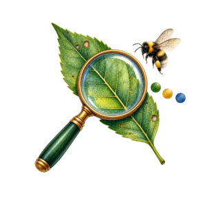 Magnifying glass, leaf, and bee, representing community science
