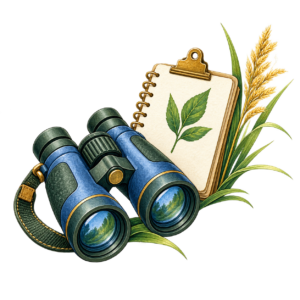 Binoculars, field notebook, and grass, representing conservation careers
