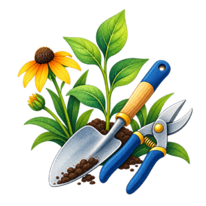 Garden tools with native plants, representing adult horticulture programs