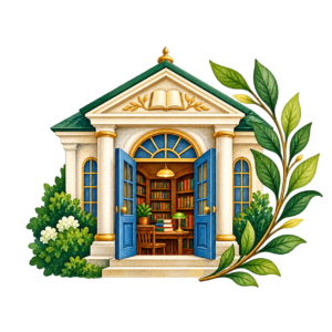 Library building with leafy branch, representing libraries and community organizations