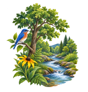 Woodland stream and bluebird, representing local ecosystems and wildlife habitat