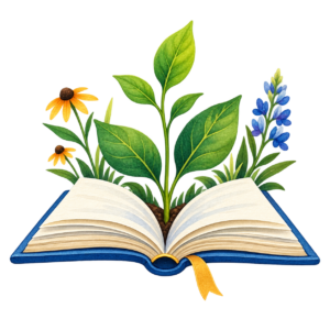 Open book with native plants, representing schools and educators