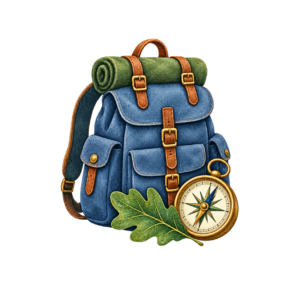 Backpack, compass, and leaf, representing youth learning programs