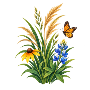 Native grasses, wildflowers, and butterfly, representing southeastern biodiversity