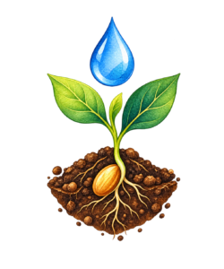 Water droplet, soil, seed, and sprout, representing water, soil, and seed stories