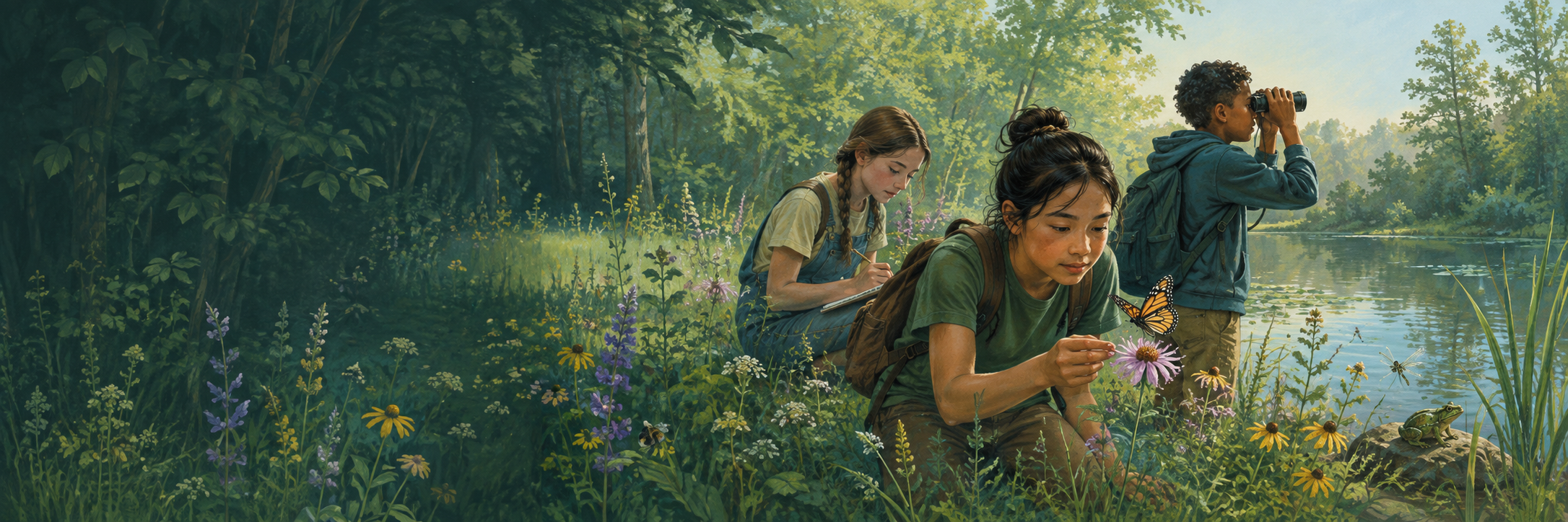 Illustration of young naturalists exploring a wildflower meadow and pond